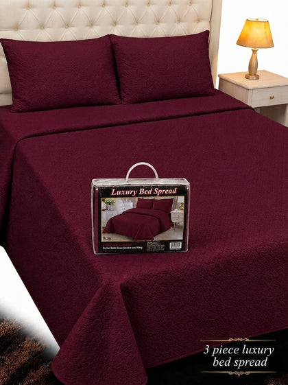 Luxury Plain Micro Cotton King Size Quilted Bedspread Set - 3 Pieces (Maroon / Burgundy)