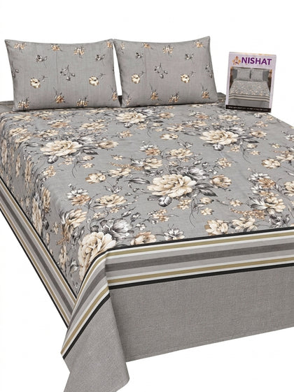 Nishat 100% Pure Soft Cotton 3-Piece Grey Floral King Size Bedsheet Set