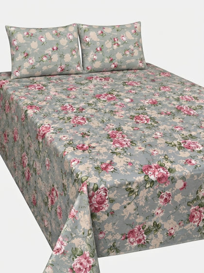 Breeze Style 3-Piece King Size Rose Floral Pure Cotton Bedsheet Set - Sage Green & Pink