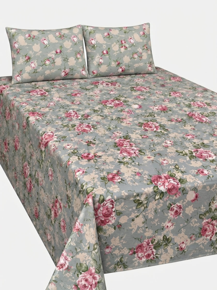 Breeze Style 3-Piece King Size Rose Floral Pure Cotton Bedsheet Set - Sage Green & Pink
