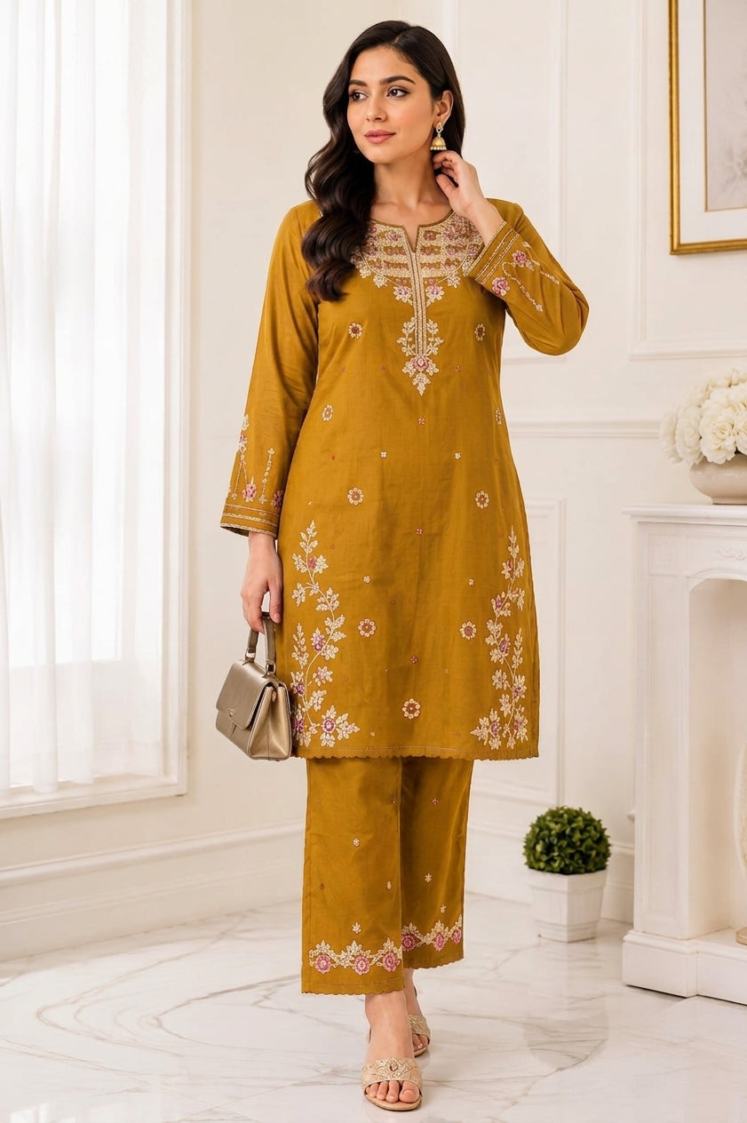 Ready-To-Wear Heavy Embroidered 2-Piece Cotton Slub Co-ord Set