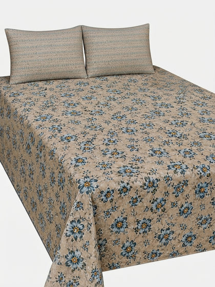 Bareezé Style 3-Piece King Size Beige & Blue Floral Pure Cotton Bedsheet Set