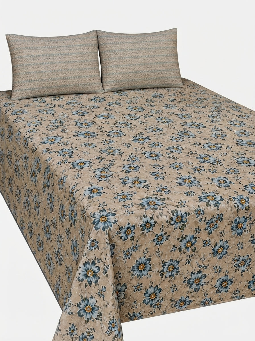 Bareezé Style 3-Piece King Size Beige & Blue Floral Pure Cotton Bedsheet Set
