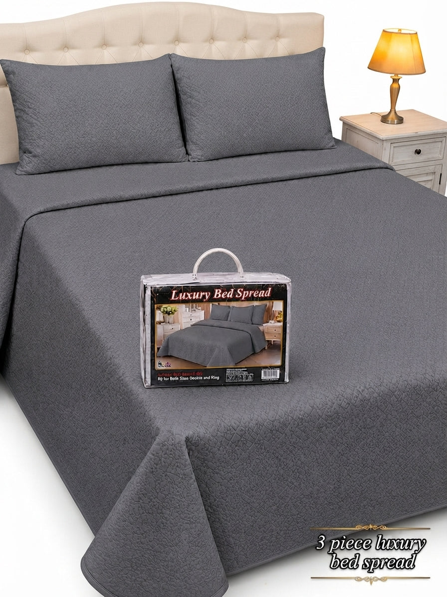 Luxury Plain Micro Cotton King Size Quilted Bedspread Set - 3 Pieces (Dark Grey / Charcoal)