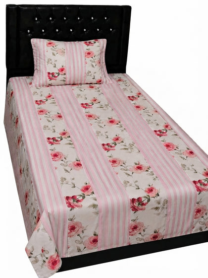 Export Quality Single Pink Floral Patchwork Cotton Bedsheet with Matching Pillow Cover (60 x 90 Inches)