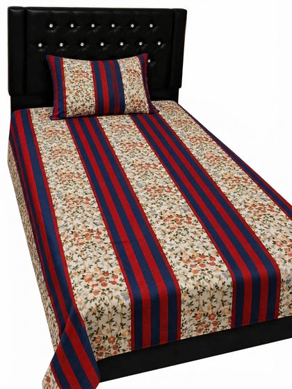 Export Quality Single Red and Blue Striped Patchwork Cotton Bedsheet with Matching Pillow Cover (60 x 90 Inches)