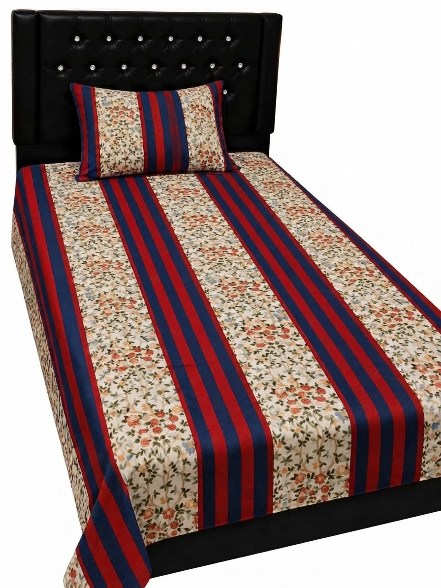 Export Quality Single Red and Blue Striped Patchwork Cotton Bedsheet with Matching Pillow Cover (60 x 90 Inches)
