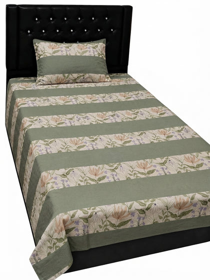 Export Quality Single Sage Green Floral Patchwork Cotton Bedsheet with Matching Pillow Cover (60 x 90 Inches)
