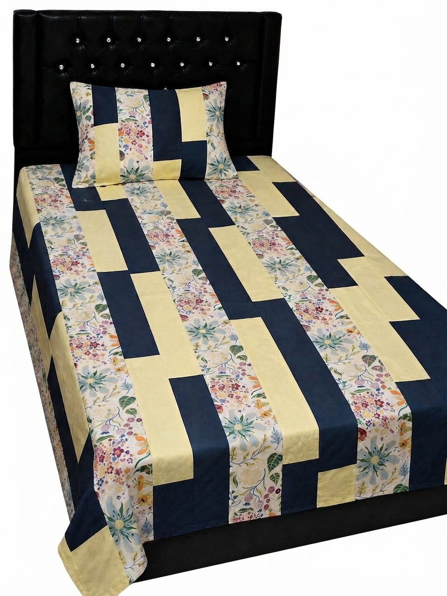 Export Quality Single Block Patchwork Cotton Bedsheet with Matching Pillow Cover (60 x 90 Inches)