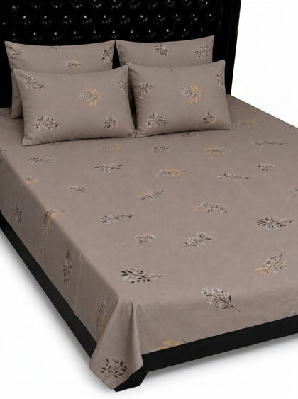 5-Piece Export Quality Muted Taupe Floral Printed 100% Pure Cotton King Size Bedsheet Set – Flat Sheet & 4 Pillow Covers