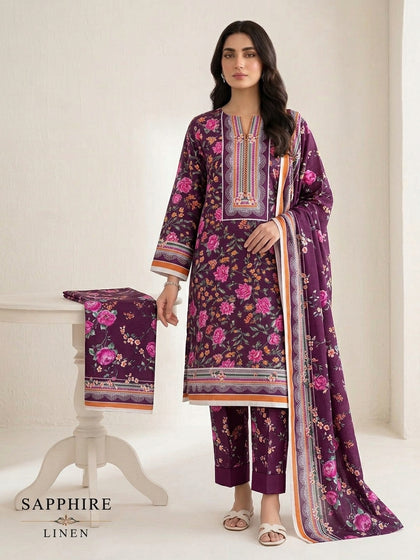 Plum Floral Elegance – 3-Piece Unstitched Linen Suit