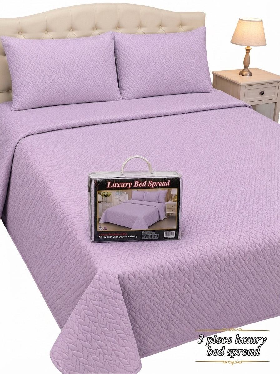 Luxury Plain Micro Cotton King Size Quilted Bedspread Set - 3 Pieces (Light Purple / Lilac)