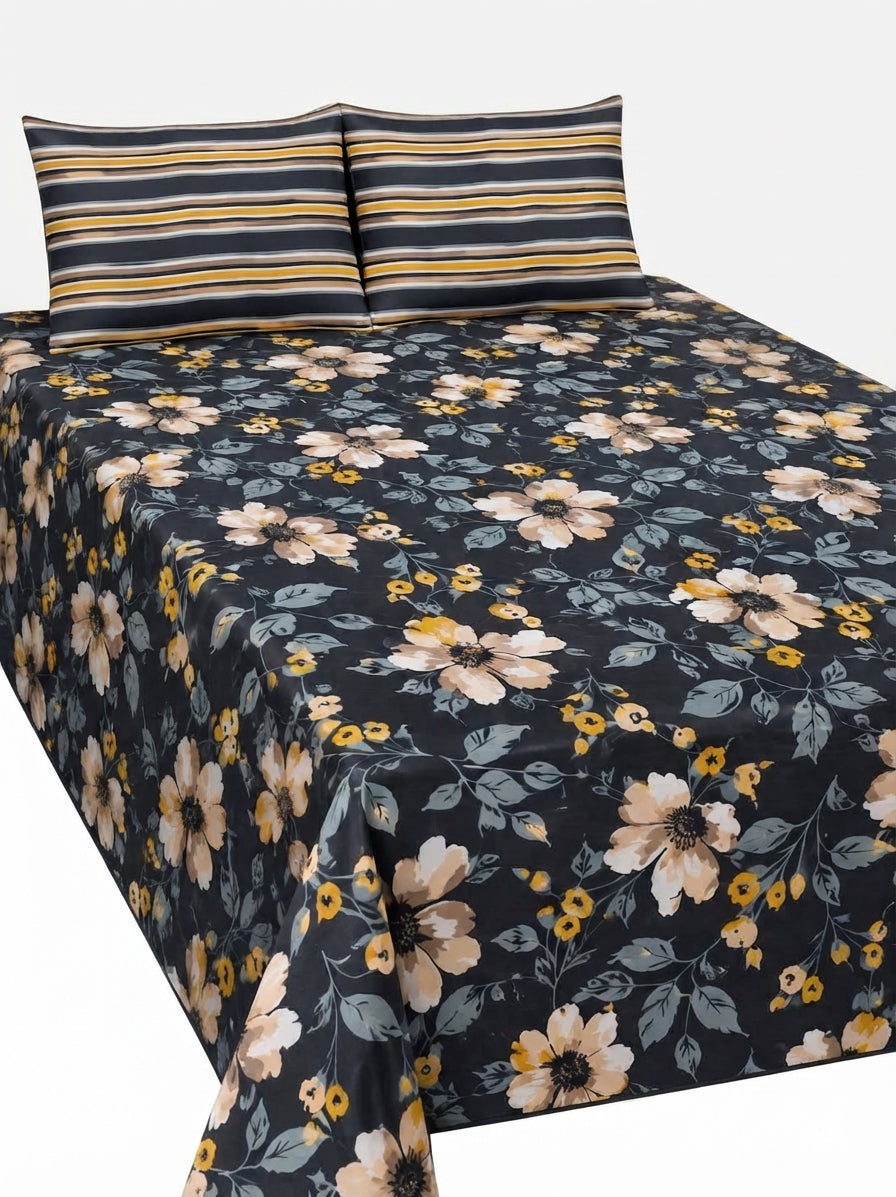 Bareezé Style 3-Piece King Size Dark Charcoal & Mustard Floral Pure Cotton Bedsheet Set