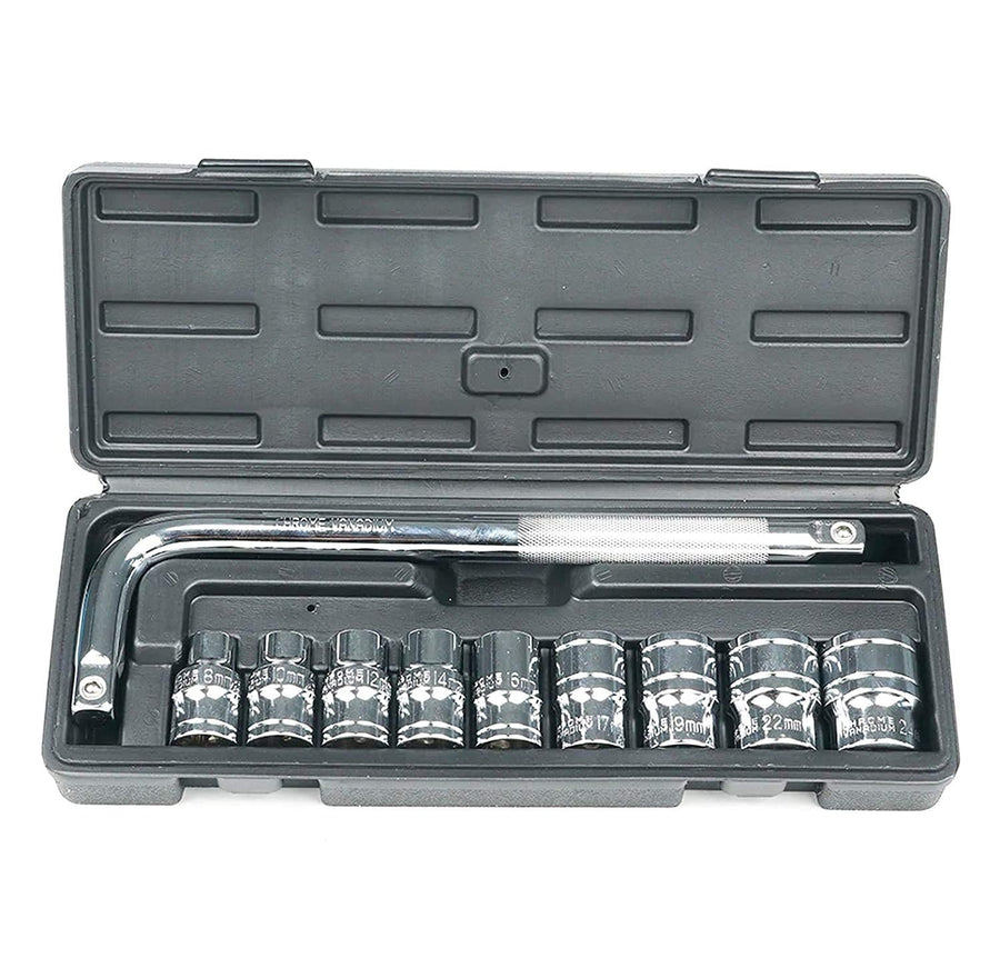 Professional Heavy Duty Socket Wrench Set | 9Pc Tool Kit | 1/2″ Drive | 8‑24mm Metric Sockets + L Wrench