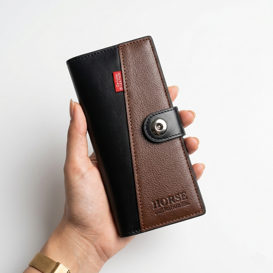 WAGLOK Dual Tone Magnetic Button Long Wallet for Men & Women with Zipper Pocket - Black