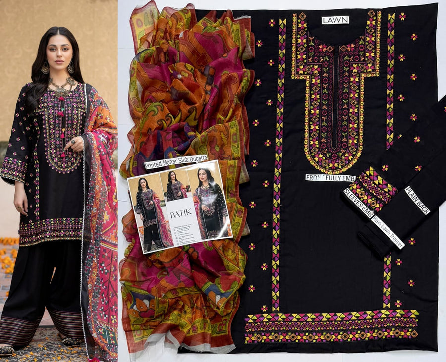 Premium Embroidered Lawn 3-Piece Suit – Black & Burgundy
