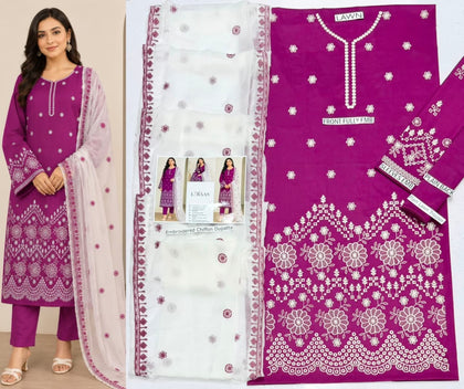 Premium Embroidered Lawn 3-Piece Suit – Magenta Pink