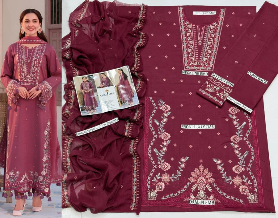 Premium Embroidered Lawn 3-Piece Suit – Burgundy