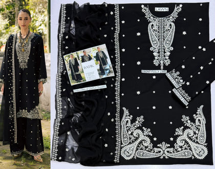 Premium Embroidered Lawn 3-Piece Suit – Black & White