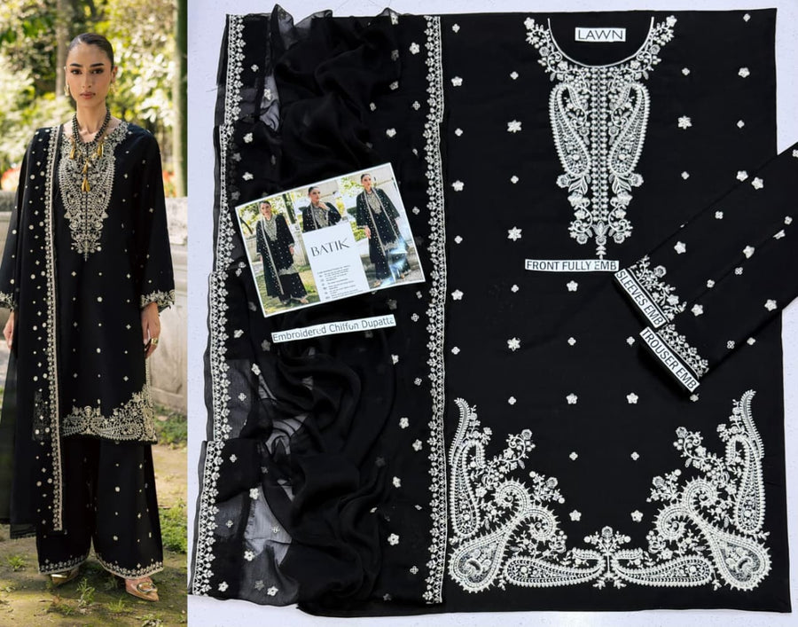 Premium Embroidered Lawn 3-Piece Suit – Black & White