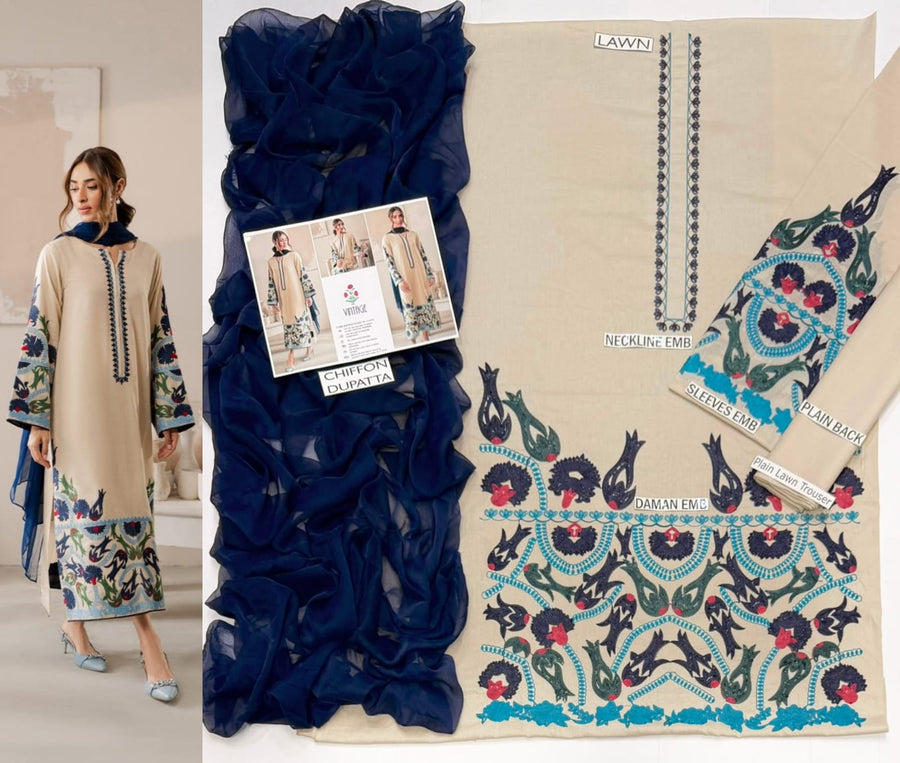 Premium Embroidered Lawn 3-Piece Suit – Royal Blue & Ivory