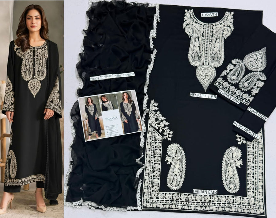 Premium Embroidered Lawn 3-Piece Suit – Black & Silver