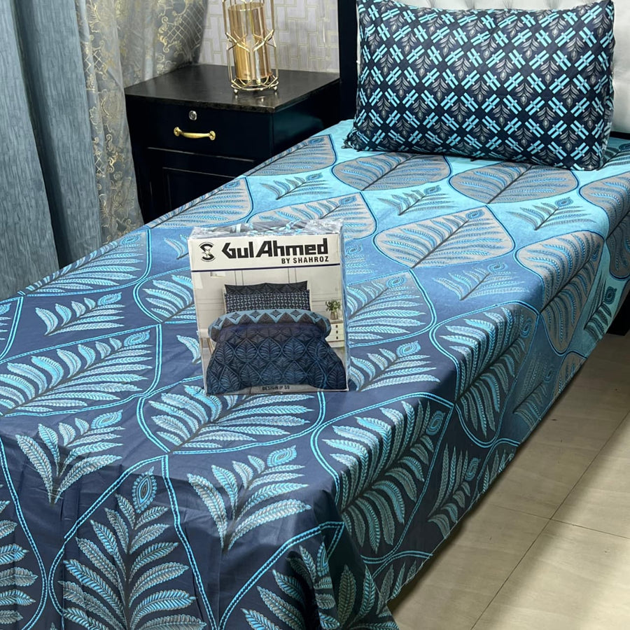 4Pc Bedsheet Set – Blue Leaf Pattern