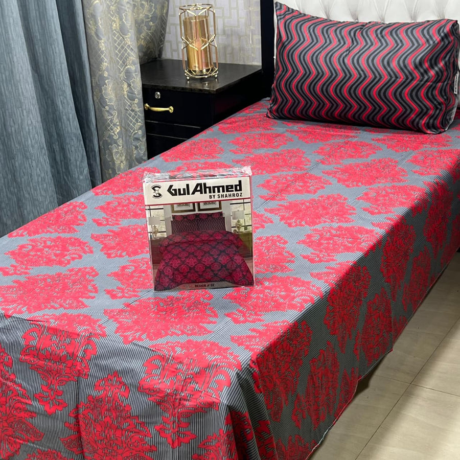 4Pc Bedsheet Set – Red & Grey Floral Print