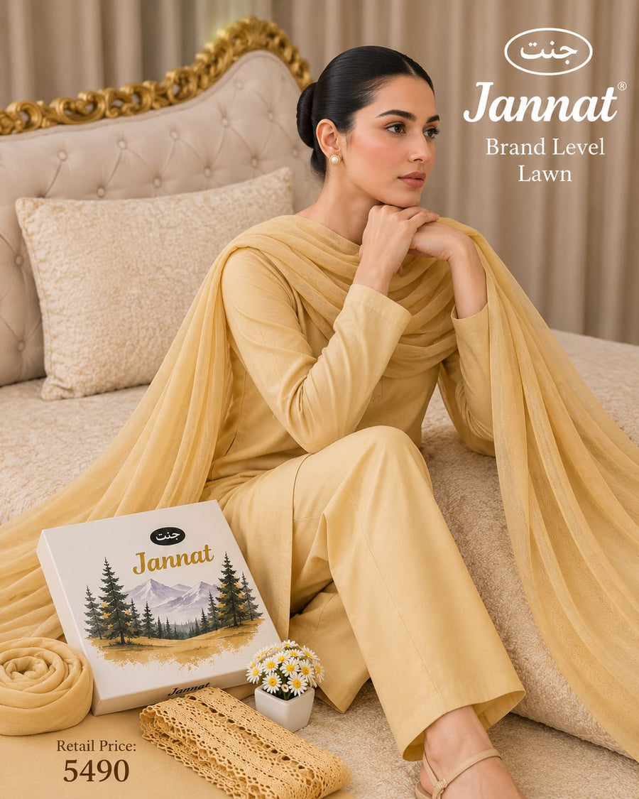 JANNAT Brand Mustard Golden 3PC Lawn Suit – Premium Branded Collection