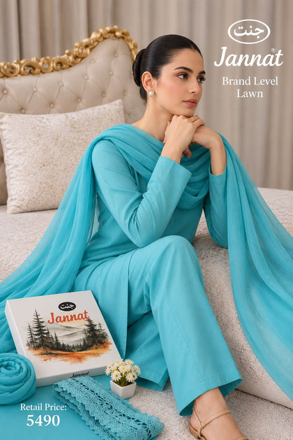 JANNAT Brand Turquoise 3PC Lawn Suit – Premium Branded Collection