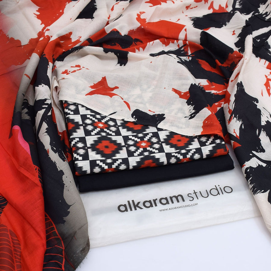 Alkaram Summer Lawn 2026 – Black & Red Floral