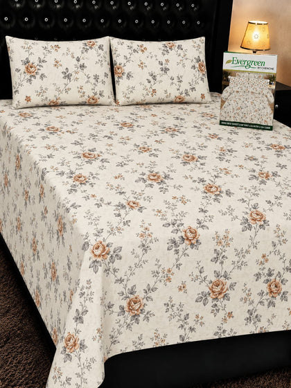 Beige Floral Pure Cotton Bedsheet Set