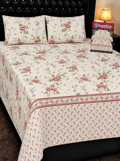 White & Pink Floral Pure Cotton Bedsheet Set