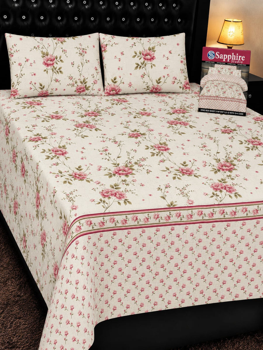 White & Pink Floral Pure Cotton Bedsheet Set