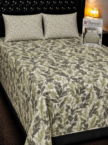 Olive Green Floral Pure Cotton Bedsheet Set