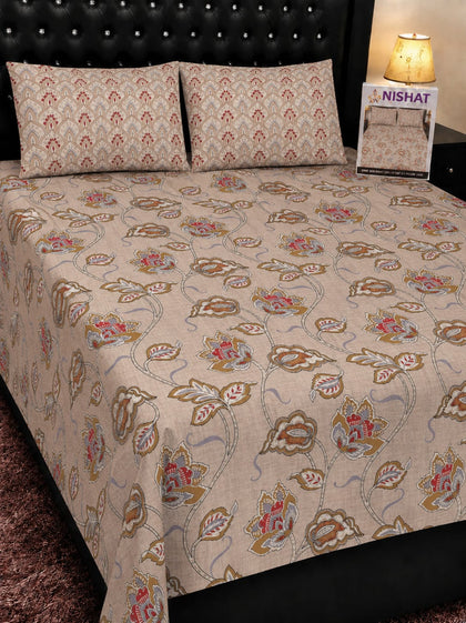 Beige Floral Pattern Pure Cotton Bedsheet Set