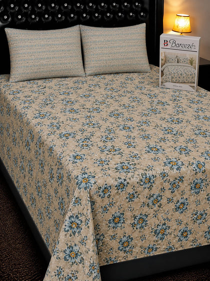 Beige & Blue Floral Pure Cotton Bedsheet Set
