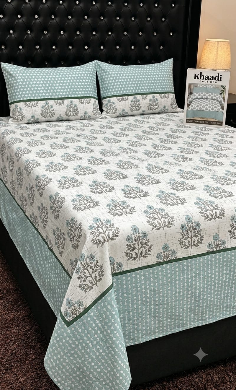 Mint Green Floral Pure Cotton Bedsheet Set