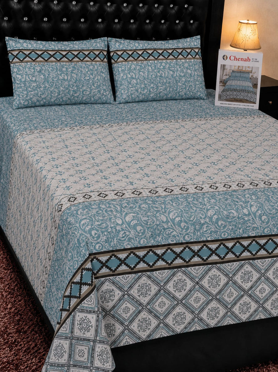 Blue Geometric Cotton Bedsheet Set