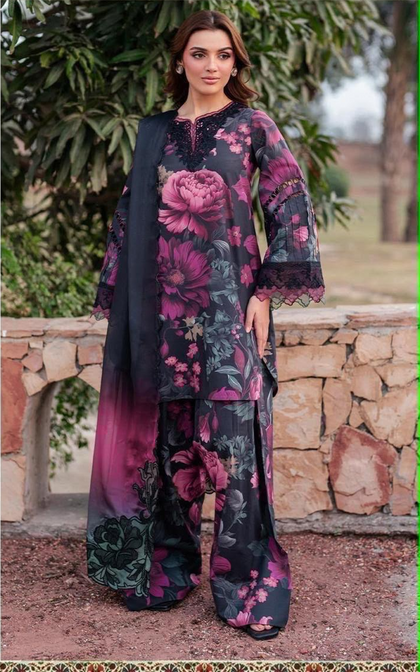 Elegant Black & Berry Floral Printed 3-Piece Suit