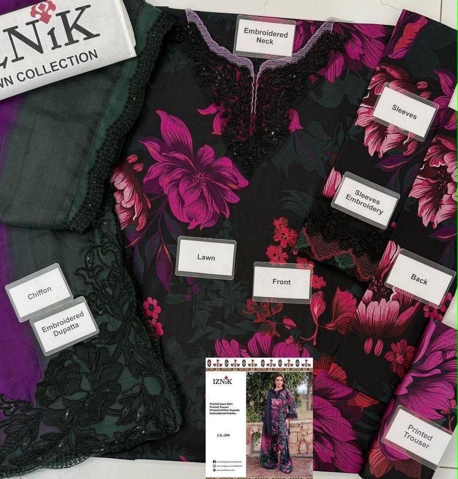 Elegant Black & Berry Floral Printed 3-Piece Suit