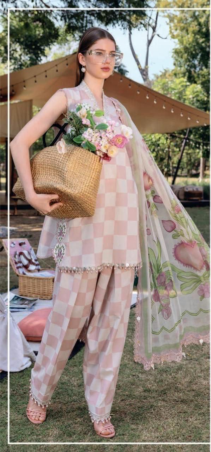 Elegant Pink Checkered Lawn Suit with Floral Dupatta