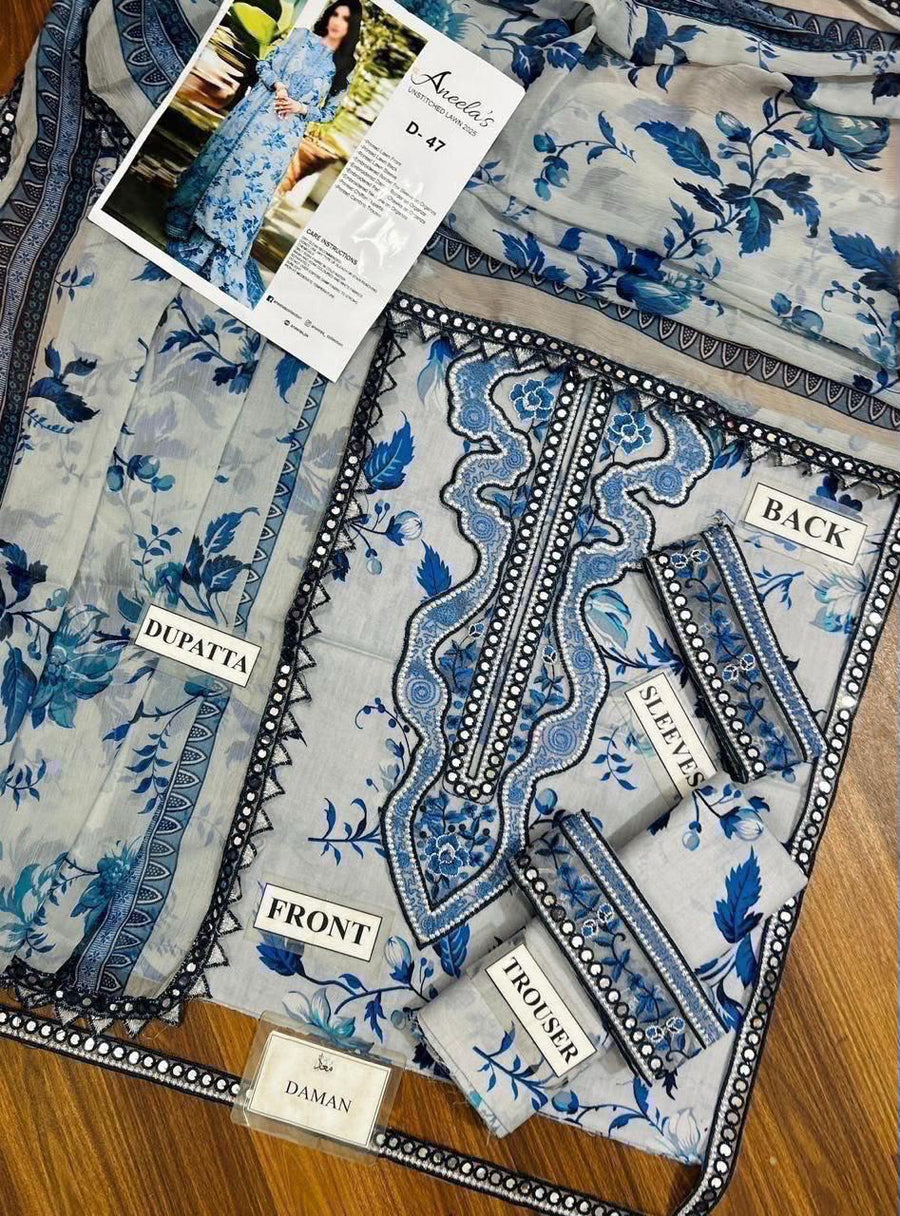 Blue Floral Heavy Embroidered Dhanak 3-Piece Suit
