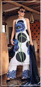 White & Blue Floral Printed 3-Piece Suit with Dupatta