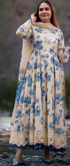 Elegant Cream & Blue Floral Printed 3-Piece Suit