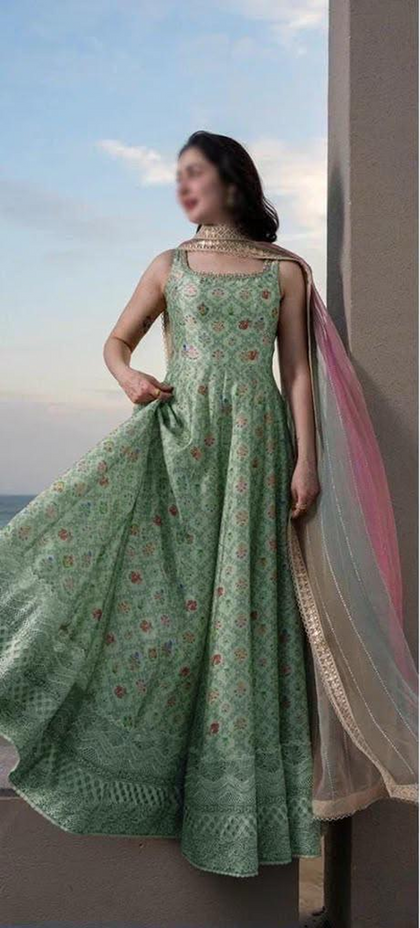 Mint Green Floral Printed Anarkali Dress