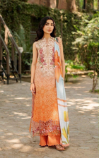 Peach Orange Embroidered Lawn Suit with Floral Dupatta