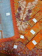 Peach Orange Embroidered Lawn Suit with Floral Dupatta