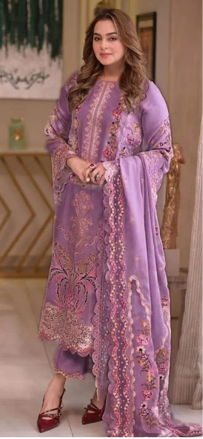Elegant Lavender Printed 3-Piece Suit with Embroidered Dupatta