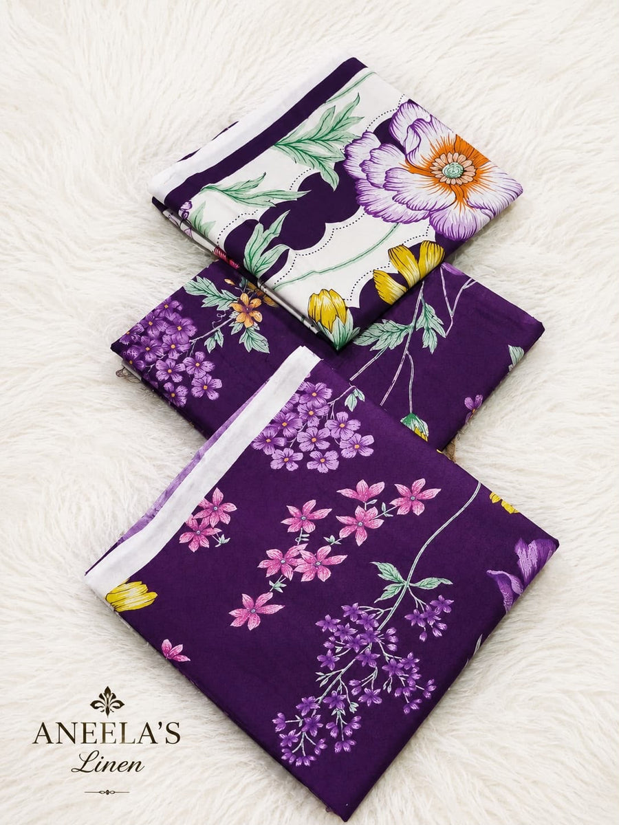 Purple Floral Printed 3-Piece Linen Suit